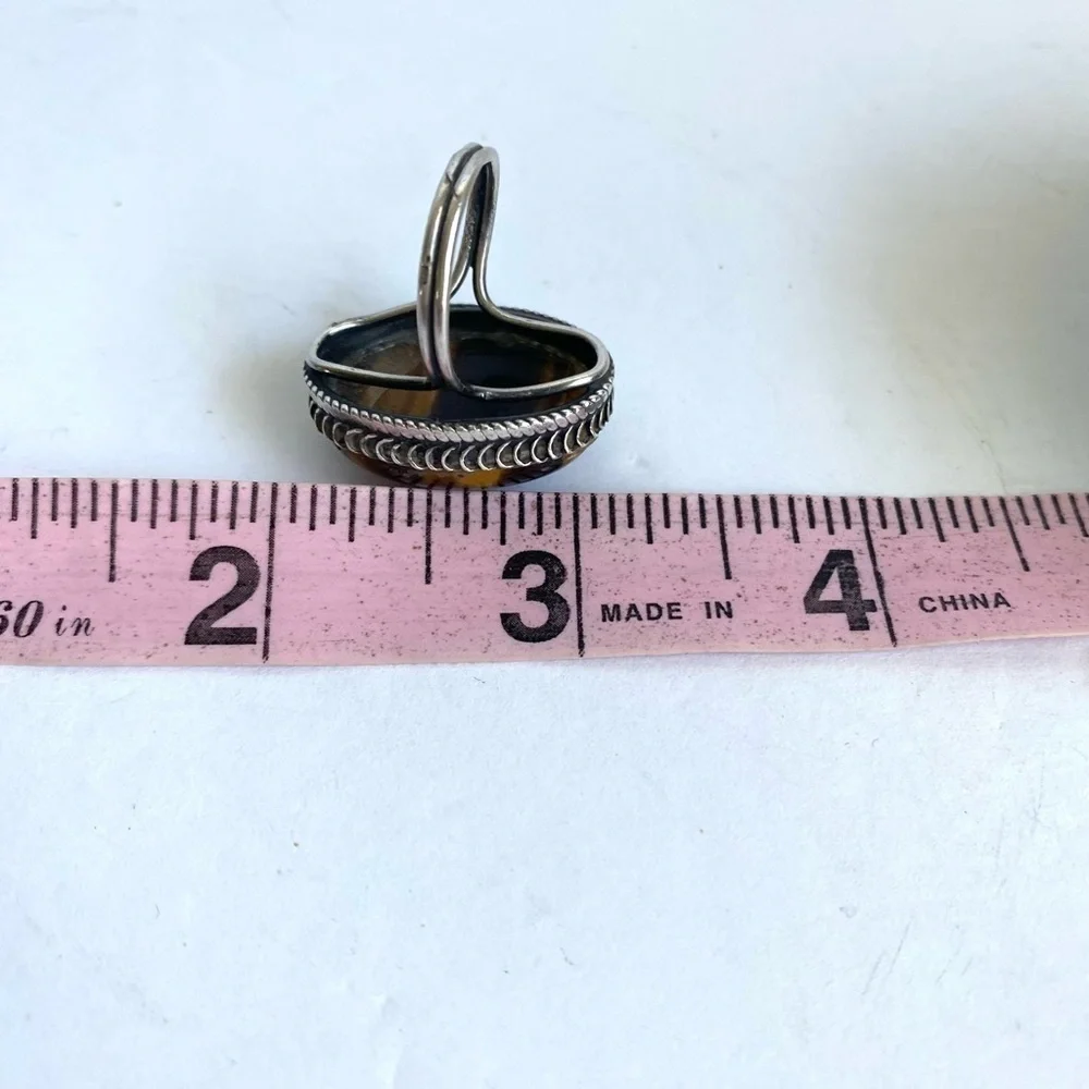 Vintage Tigers Eye Sterling Silver Ring Cocktail Oval‎ Cabachon Stone Size 6 - Picture 12 of 13